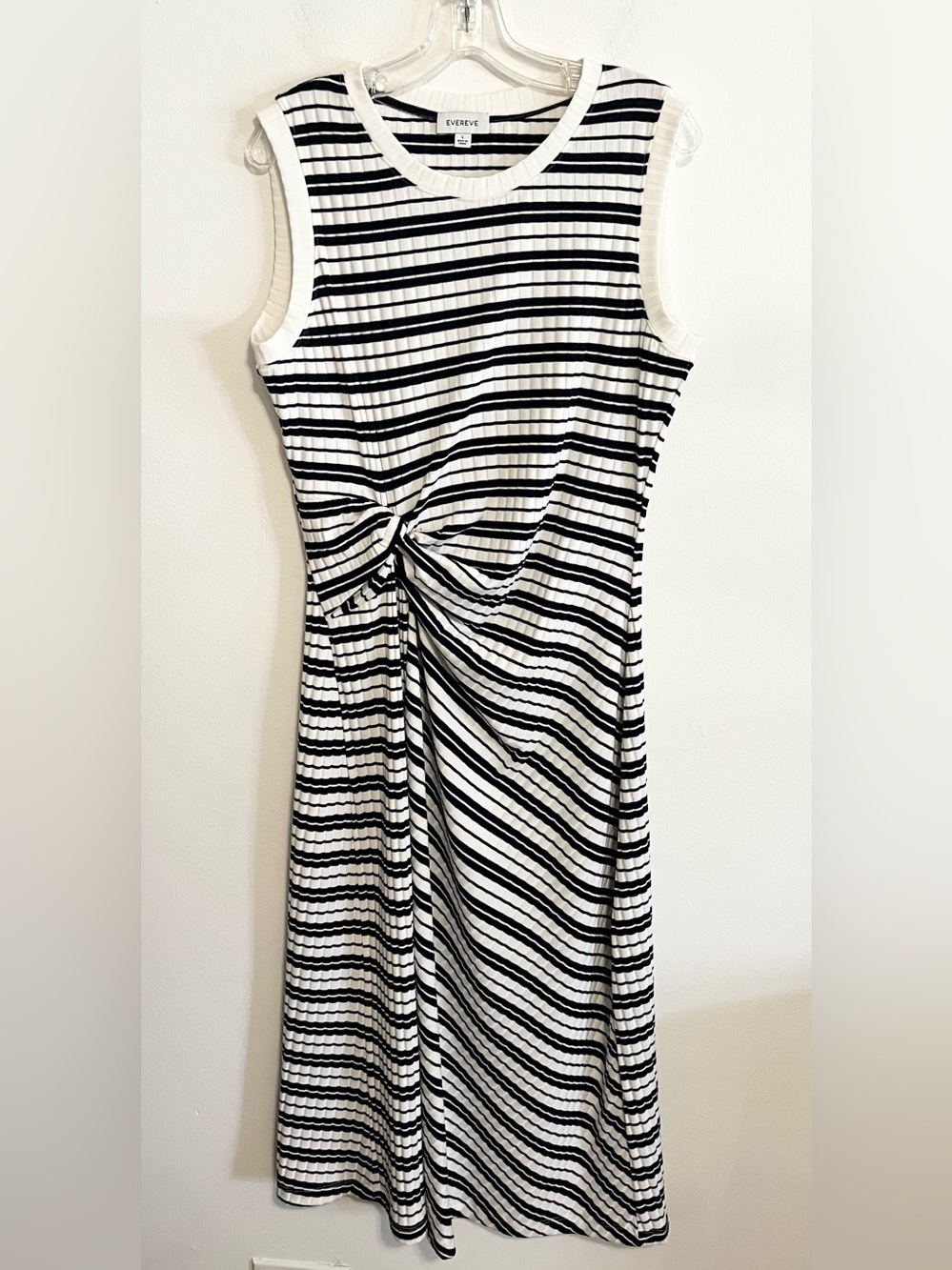 Evereve Aster Ribbed Striped Tank Style Midi Dress in Black & White. Size Large